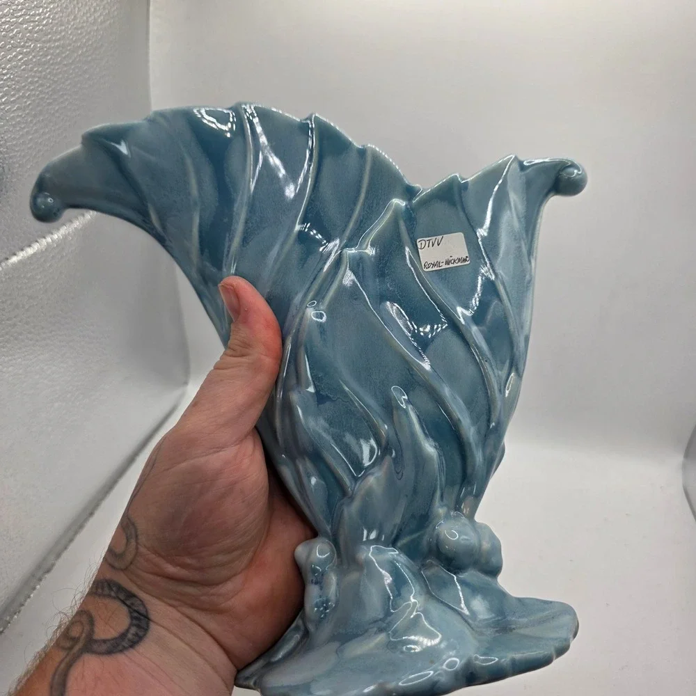 Vintage Royal Haeger Royal Hickman Blue Fan Leaf Vase Planter Art Pottery USA